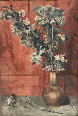 a painting of flowers in a vase on a table
