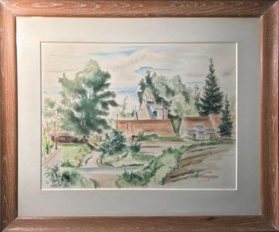 aquarelle encadrée représentant une scène de campagne avec une maison et des arbres