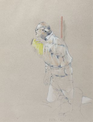 dessin représentant un homme en chemise blanche tenant une raquette de tennis