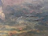an oil painting of a sunset with clouds over a body of water