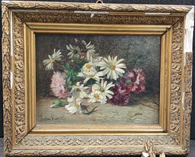 an oil painting of flowers in a gold frame on a table
