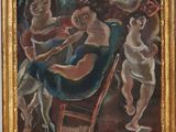 an oil painting of a woman sitting in a chair next to a dog