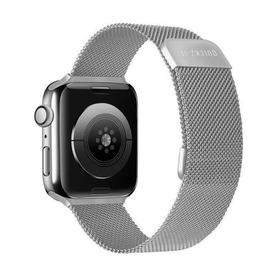 an image of a silver apple watch with a stainless steel band