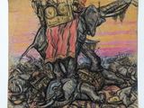 une image représentant un dessin d'un éléphant tirant une charrette remplie de personnes