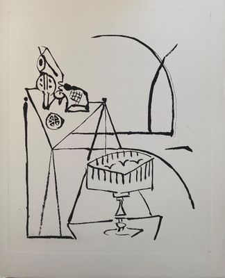 une image représentant un dessin en noir et blanc d'une table sur laquelle se trouve une lampe