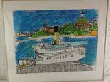 drawing of a boat docked at a dock with a lighthouse in the background