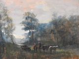a painting of a horse drawn carriage in a field