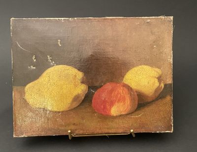 a painting of two lemons and an apple on a table