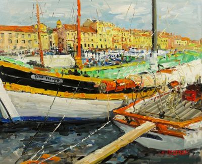 une peinture de bateaux dans un port avec des bâtiments à l'arrière-plan