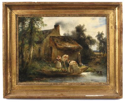 an image of a painting of people in a boat on a river