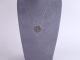 a silver necklace with a coin on a mannequin neck