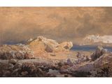 an image of a painting of a rocky beach with people on it