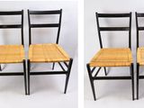 quatre photos différentes d'un ensemble de quatre chaises avec une assise en bois