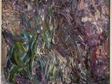peinture abstraite dans les tons violets et verts représentant des fleurs dans un vase posé sur une table