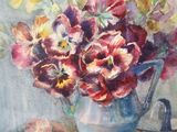 a painting of flowers in a blue vase on a table