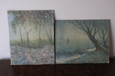 two paintings of a man walking in the woods on a table