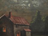 a painting of a house in a field with a full moon in the sky