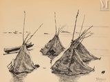 dessin représentant un groupe de tipis dans l'eau, avec un bateau en arrière-plan