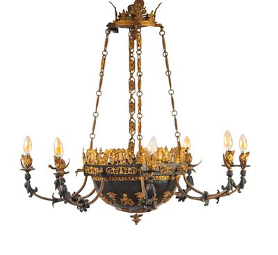 une image représentant un lustre auquel sont suspendues quatre lampes