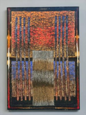 abstract painting of trees in a forest with orange, blue, and yellow colors