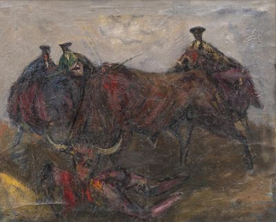 an oil painting of two men riding on the back of two horses