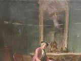 a painting of a woman sitting at a table in a room