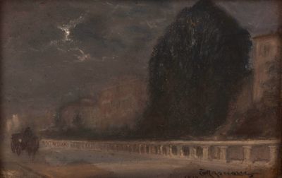 an image of a painting of a street scene with a horse drawn carriage