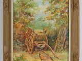 an oil painting of a horse drawn carriage in a wooded setting