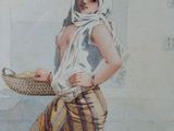 painting of a woman carrying a basket on a city street