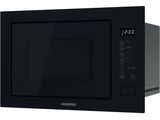 Le micro-ondes est noir et comporte une horloge numérique sur la façade.