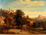un tableau représentant un paysage de montagne avec un château en arrière-plan