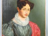 tableau représentant une femme en robe bleue avec un châle rouge