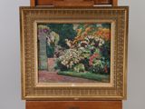 a picture of a painting of a garden with flowers in it