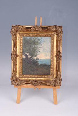 an oil painting of a landscape on a easel with a tree in the foreground
