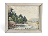 un tableau représentant une rivière avec des arbres et des rochers au premier plan