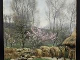 une peinture à l'huile représentant une scène de vie à la ferme, avec du foin et des arbres en arrière-plan