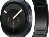 a close up of a smart watch on a metal bracelet