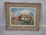 an oil painting of a farm scene with a house in the background