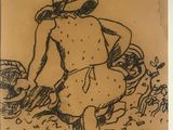 a drawing of a woman sitting on the ground with a basket