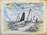 un dessin représentant un groupe de voiliers naviguant sur l'océan