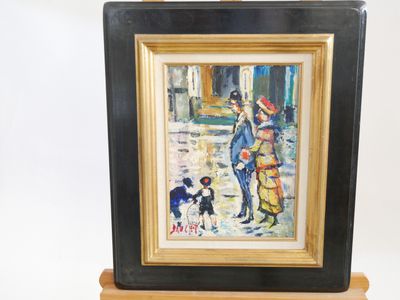 tableau représentant un homme et une femme accompagnés d'un chien sur un trottoir
