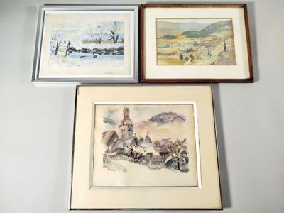 trois aquarelles encadrées représentant des chevaux et des personnages dans un paysage enneigé