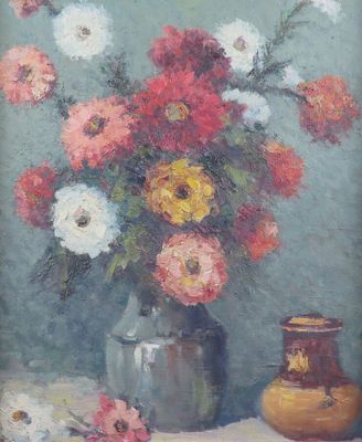 a painting of a vase with flowers in it on a table