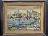 une peinture à l'huile représentant un paysage urbain avec une rivière au premier plan