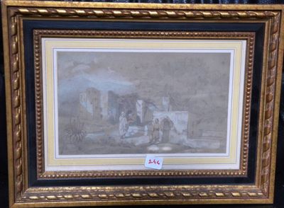 une vieille photo représentant un tableau d'un château, dans un cadre doré