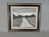 painting of a dirt road in a black frame on a gray wall