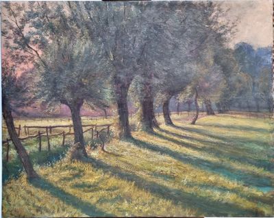 an oil painting of a row of trees in a grassy field