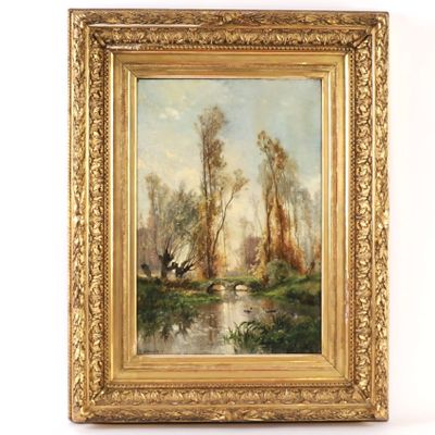 a painting of a landscape with trees and a river in the foreground