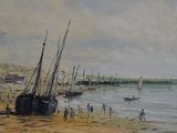 a painting of a beach scene with boats on the shore