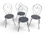 three chairs with black cushions and a white background